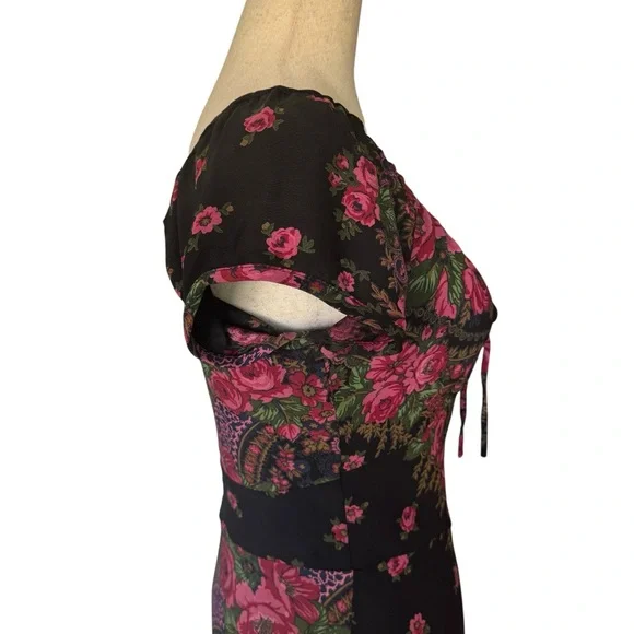 Vintage Rare Y2K Betsey Johnson Black Label Milkmaid Black Floral Roses Dress S